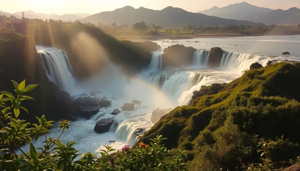 Majestic waterfalls cascading amidst lush, verdant hills in Nashik, Maharashtra. Capture the serene beauty of Godavari River tumbling over rocky cliffs, creating a mesmerizing display of natural power. Sunlight filters through the mist, casting a warm, golden glow on the cascading waters. In the foreground, vibrant flora frames the scene, adding depth and texture. The middle ground showcases the towering waterfalls, their rushing currents a captivating focal point. In the background, rolling hills and distant mountains provide a picturesque backdrop, completing the breathtaking landscape. Utilize a wide-angle lens to encapsulate the grand scale of this natural wonder, while maintaining a crisp, high-resolution image. Majestic waterfalls cascading amidst lush, verdant hills in Nashik, Maharashtra. Capture the serene beauty of Godavari River tumbling over rocky cliffs, creating a mesmerizing display of natural power. Sunlight filters through the mist, casting a warm, golden glow on the cascading waters. In the foreground, vibrant flora frames the scene, adding depth and texture. The middle ground showcases the towering waterfalls, their rushing currents a captivating focal point. In the background, rolling hills and distant mountains provide a picturesque backdrop, completing the breathtaking landscape. Utilize a wide-angle lens to encapsulate the grand scale of this natural wonder, while maintaining a crisp, high-resolution image.