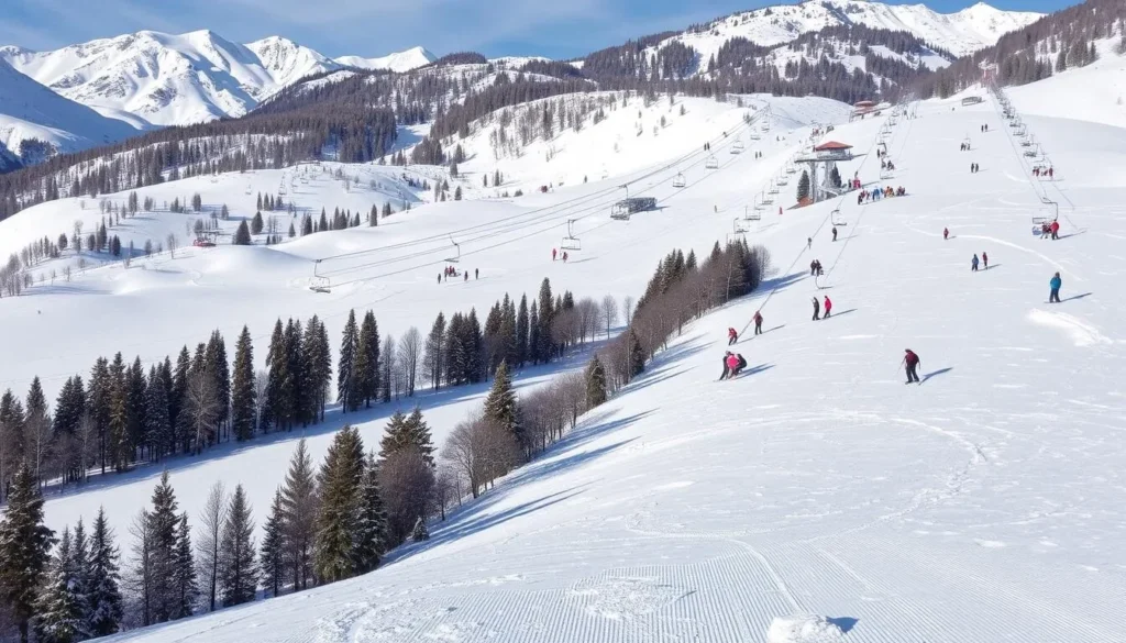 Malam Jabba Ski Resort in winter with snow-covered slopes and skiers enjoying activities