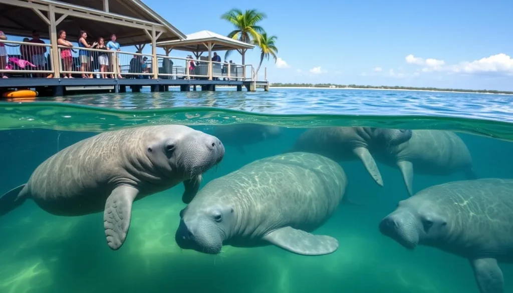 Manatees swimming in clear water at Manatee Lagoon Manatees swimming in clear water at Manatee Lagoon