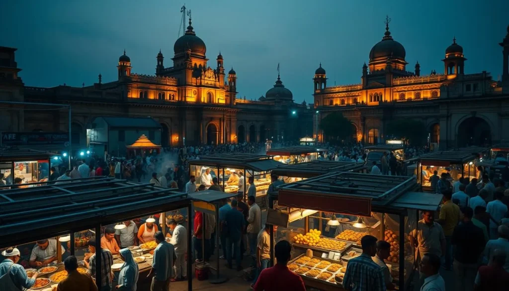 Manek Chowk in Ahmedabad showing the market transforming from a jewelry bazaar during day to a street food paradise at night Manek Chowk in Ahmedabad showing the market transforming from a jewelry bazaar during day to a street food paradise at night
