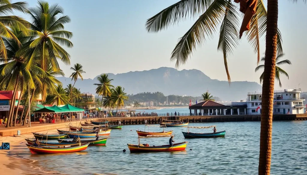 Mangaluru coastal city, Karnataka, India. A picturesque seaside town with palm-fringed shores, swaying coconut trees, and a bustling harbor. In the foreground, colorful fishing boats bob gently on the calm, azure waters, their nets drying in the warm sunlight. The middle ground features a quaint promenade lined with charming cafes and shops, inviting visitors to explore the local culture and cuisine. In the background, the dramatic silhouettes of the Western Ghats mountains rise up, creating a stunning natural backdrop. The scene is bathed in a soft, golden glow, evoking a sense of tranquility and timelessness. A serene, picturesque coastal gem waiting to be discovered.