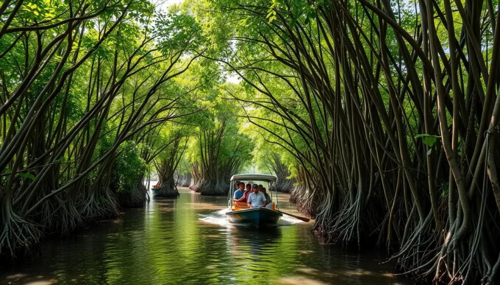 Mangrove forests of the Sundarbans with a boat navigating through narrow waterways