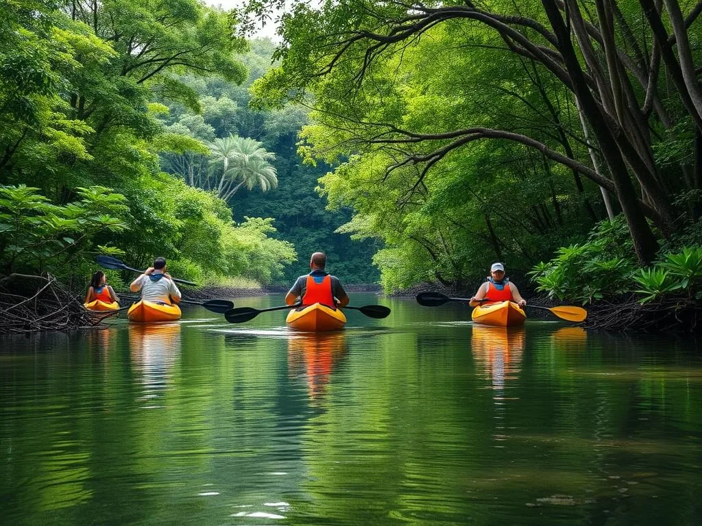 Mangrove kayaking through rivers on Iriomote Island with jungle backdrop Mangrove kayaking through rivers on Iriomote Island with jungle backdrop