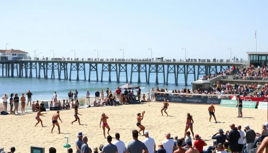 Manhattan Beach Open volleyball tournament with crowds watching professional players Manhattan Beach Open volleyball tournament with crowds watching professional players