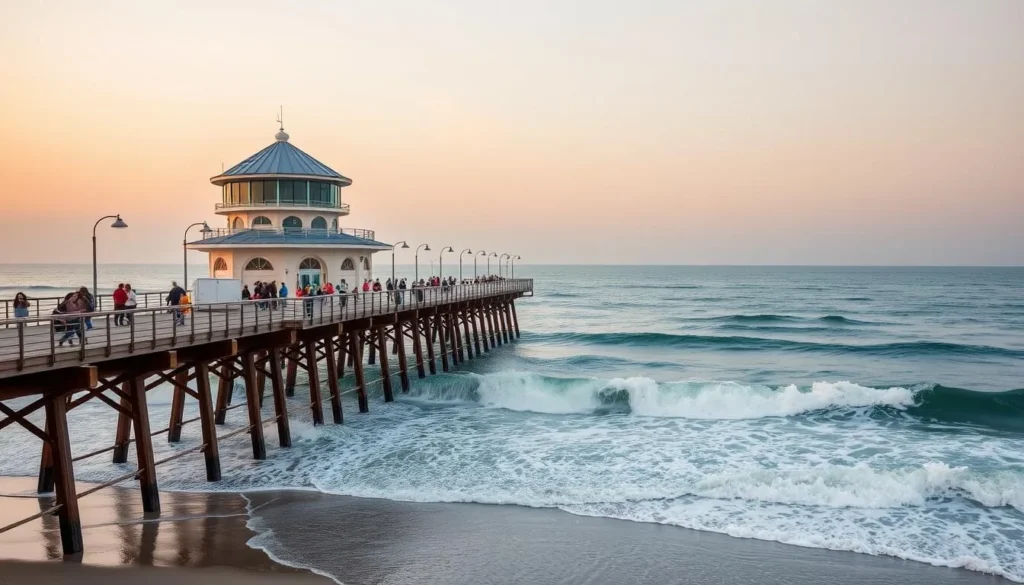 Manhattan Beach Pier with Roundhouse Aquarium at sunset with people strolling Manhattan Beach Pier with Roundhouse Aquarium at sunset with people strolling
