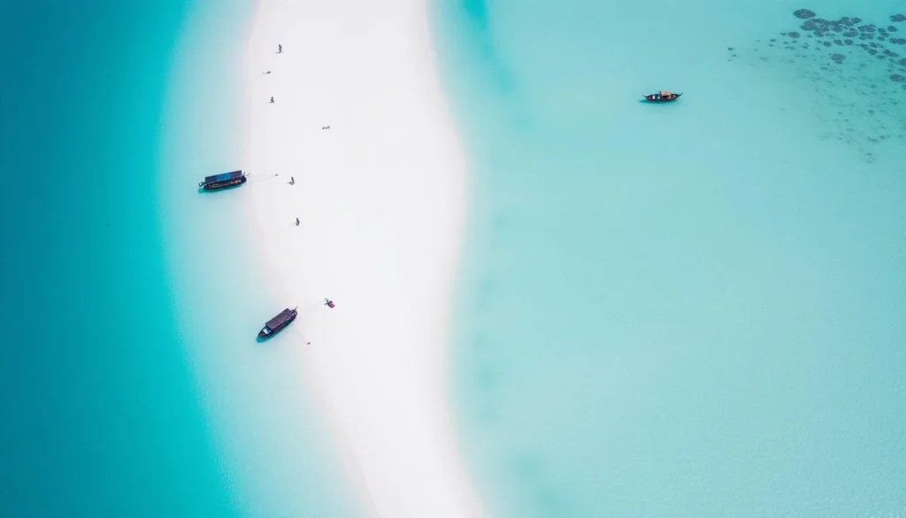 Manjuyod Sandbar at low tide with stilt cottages and turquoise waters
