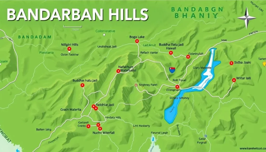Map of Bandarban Hills showing major attractions and trekking routes