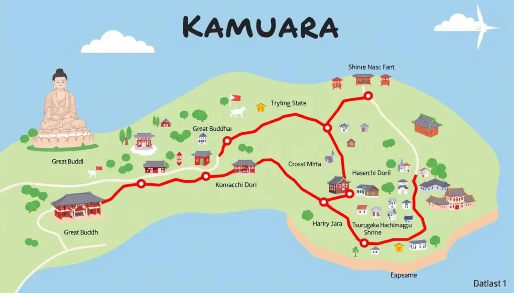 Map of Kamakura showing the main attractions and suggested walking route for a day trip Map of Kamakura showing the main attractions and suggested walking route for a day trip