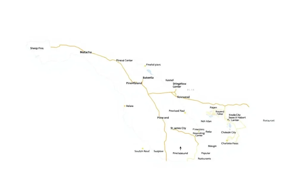 Map of Pine Island, Florida showing the five communities and main attractions Map of Pine Island, Florida showing the five communities and main attractions