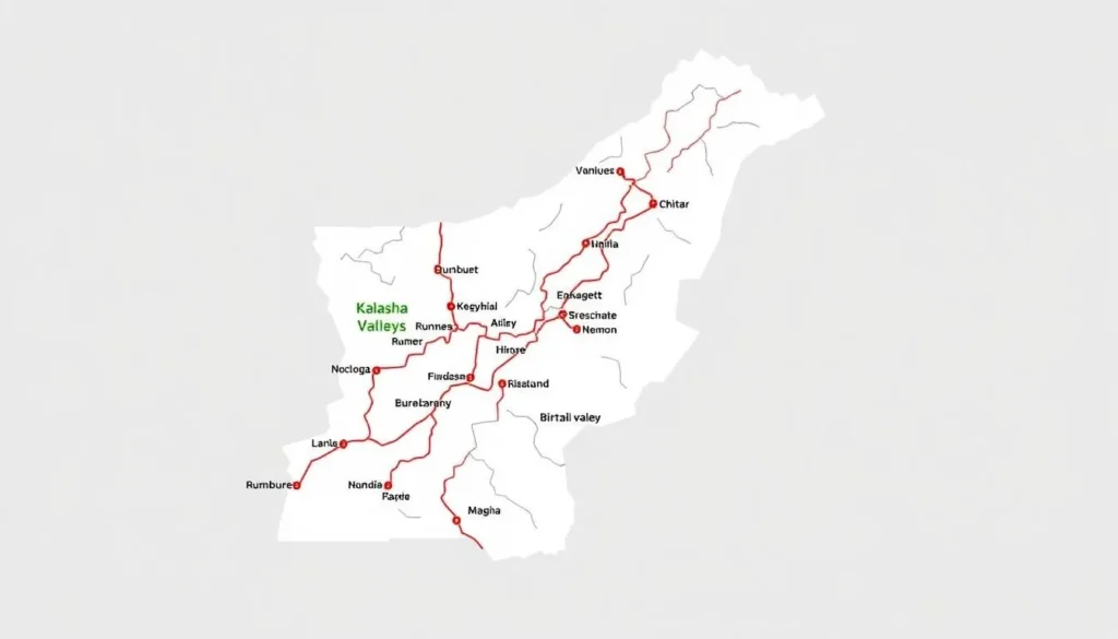 Map of the Kalasha Valleys showing the locations of Bumburet, Rumbur, and Birir valleys with key landmarks and access routes