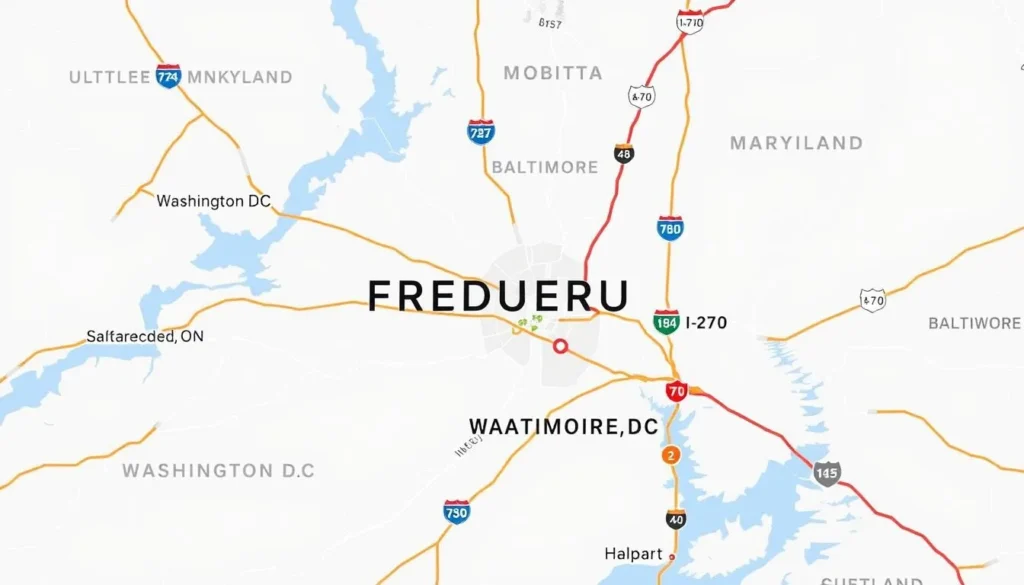 Map showing Frederick Maryland's location relative to Washington DC and Baltimore