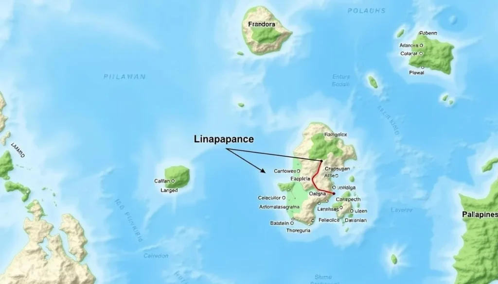 Map showing Linapacan Island's location between El Nido and Coron in Palawan, Philippines