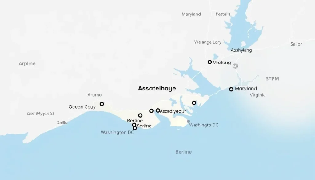 Map showing driving routes to Assateague Island Maryland from nearby cities