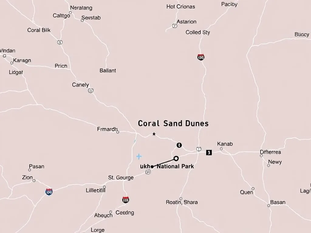 Map showing driving routes to Coral Pink Sand Dunes State Park, Utah from nearby cities Map showing driving routes to Coral Pink Sand Dunes State Park, Utah from nearby cities