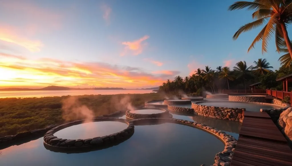 Maquinit Hot Springs with stone pools surrounded by mangroves at sunset