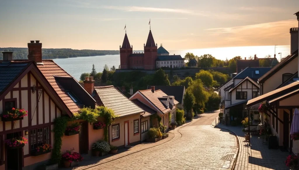 Mariefred, a charming lakeside town nestled in the heart of Södermanland, Sweden. Capture the serene beauty of the glimmering lake, its calm waters reflecting the picturesque buildings and lush greenery that line the shore. In the foreground, quaint cottages and colorful flower boxes adorn the cobblestone streets, while in the middle ground, the stately Gripsholm Castle stands proud, its red brick walls and turrets rising majestically. Bathe the scene in warm, golden sunlight, casting soft shadows and highlighting the town's timeless charm. Convey a sense of tranquility and nostalgia, inviting the viewer to imagine strolling along the peaceful lakeside promenade and experiencing the charm of this enchanting Swedish town.