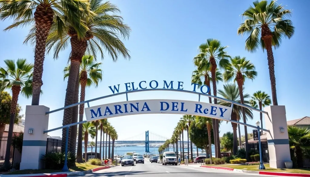 Marina del Rey California entrance sign with palm trees and boats in the background, showing best things to do in the area