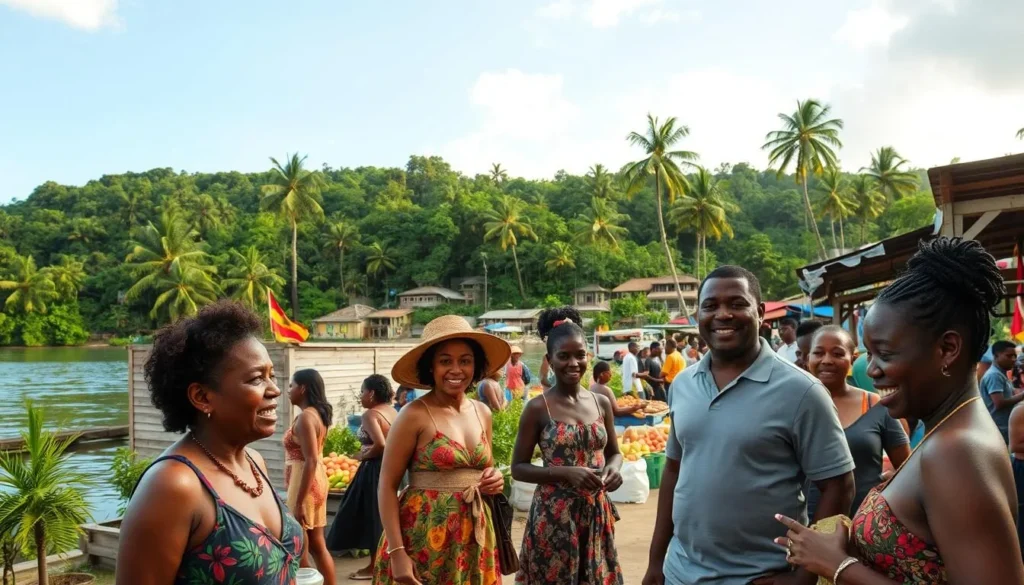 Maripasoula, a picturesque riverside town in the heart of the French Guianan jungle. Capture the vibrant local life against a backdrop of lush, verdant foliage. Showcase a bustling market, where vendors sell colorful produce and handcrafted wares. In the foreground, depict friendly locals engaged in lively conversation, their expressions warm and welcoming. Utilize soft, natural lighting to create a serene, inviting atmosphere. Employ a wide-angle lens to encompass the overall scene, highlighting the town's quaint charm and the breathtaking natural surroundings. Convey a sense of tranquility and adventure, encouraging viewers to explore the unique cultural and natural treasures of this remarkable destination.