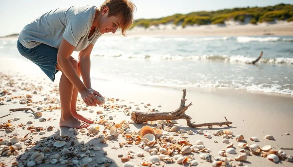 Masonboro Island, a pristine barrier island off the coast of North Carolina, is the backdrop for a beachcombing adventure. The sun-dappled shore is dotted with seashells and driftwood, inviting visitors to explore the natural wonders. In the foreground, a person is bent down, carefully examining a unique shell they've just discovered, their concentration palpable. The middle ground showcases the gently lapping waves, their rhythm soothing the senses. In the distance, the lush, verdant dunes stand as sentinels, guarding the island's tranquil beauty. The scene is bathed in a warm, golden light, capturing the essence of a perfect day on Masonboro's captivating shores.