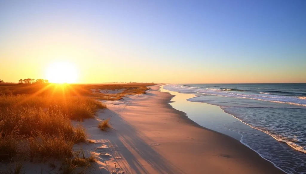 Masonboro Island at sunset, the Atlantic Ocean lapping at the sandy shores. A warm, golden glow illuminates the dunes and coastal vegetation, casting long shadows. In the distance, the silhouettes of maritime trees dot the horizon. A serene, tranquil scene, captured through the lens of a high-quality camera with a wide-angle perspective to showcase the expansive beauty of this picturesque North Carolina barrier island. The overall mood is one of peaceful contemplation, inviting the viewer to imagine strolling along the peaceful coastline as the day draws to a close.