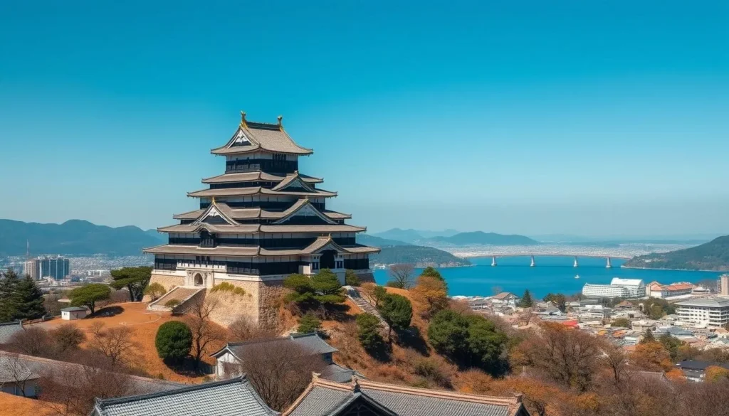 Matsue Castle towering over the city with Lake Shinji in the background Matsue Castle towering over the city with Lake Shinji in the background
