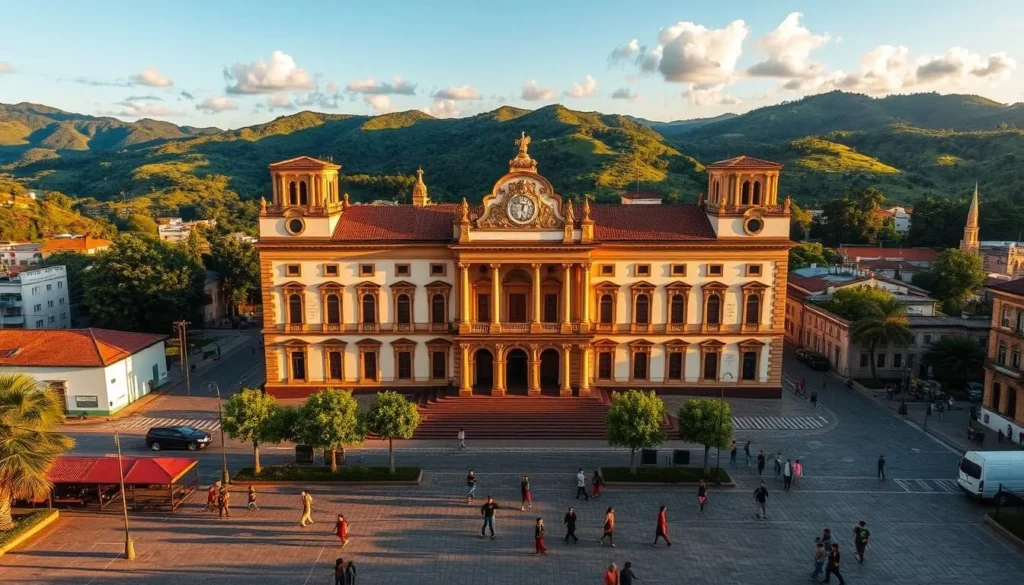 Maturin, a vibrant city nestled in the heart of Venezuela, stands as a testament to its rich and storied past. Capture the essence of this historical gem with a breathtaking landscape featuring a grand colonial-style building, its ornate facade bathed in warm, golden sunlight. In the foreground, a bustling town square comes alive with locals strolling by, their vibrant clothing adding a touch of authenticity. In the distance, lush, verdant hills rise, framing the scene with a sense of tranquility and timelessness. Utilize a wide-angle lens to ensure a comprehensive view, and play with the lighting to accentuate the architectural details and create a sense of depth and atmosphere.