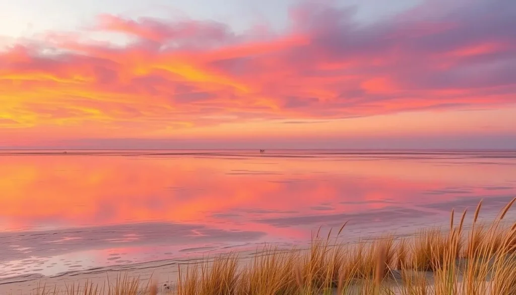 Mayflower Beach in Dennis at sunset with colorful sky and tidal flats, a beautiful Cape Cod, Massachusetts things to do experience Mayflower Beach in Dennis at sunset with colorful sky and tidal flats, a beautiful Cape Cod, Massachusetts things to do experience