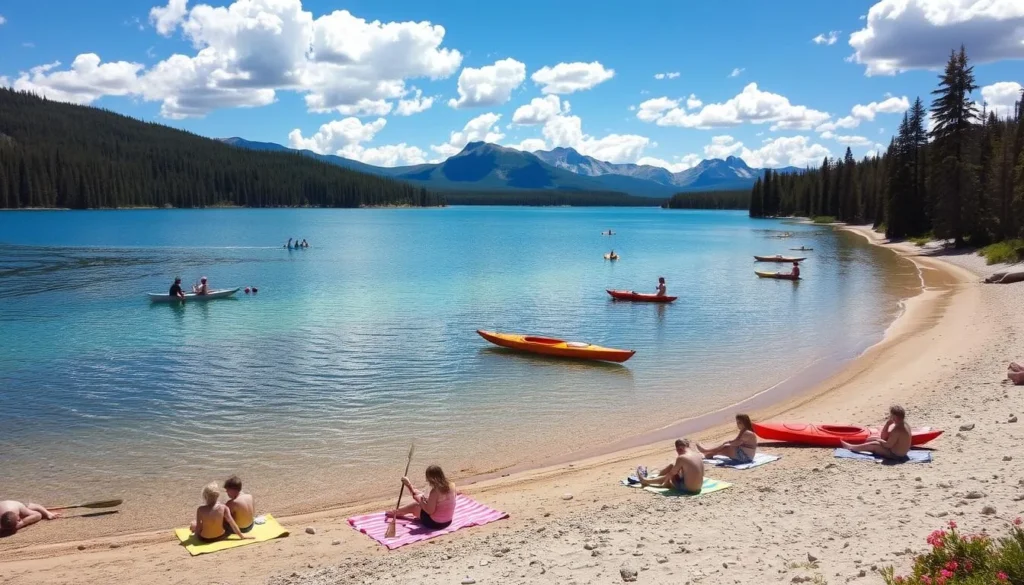 Medicine Lake, Alberta in the summer. A tranquil blue-green lake surrounded by evergreen forests, with a sandy beach along the shore. Families relax on colorful towels, children splash in the cool, clear water. Kayaks and canoes drift lazily across the lake, their paddles creating gentle ripples. A warm breeze carries the scent of pine and wildflowers. In the distance, snow-capped mountains rise against a backdrop of fluffy white clouds. The scene is illuminated by soft, golden sunlight, creating a serene and inviting atmosphere perfect for summer activities. Medicine Lake, Alberta in the summer. A tranquil blue-green lake surrounded by evergreen forests, with a sandy beach along the shore. Families relax on colorful towels, children splash in the cool, clear water. Kayaks and canoes drift lazily across the lake, their paddles creating gentle ripples. A warm breeze carries the scent of pine and wildflowers. In the distance, snow-capped mountains rise against a backdrop of fluffy white clouds. The scene is illuminated by soft, golden sunlight, creating a serene and inviting atmosphere perfect for summer activities.