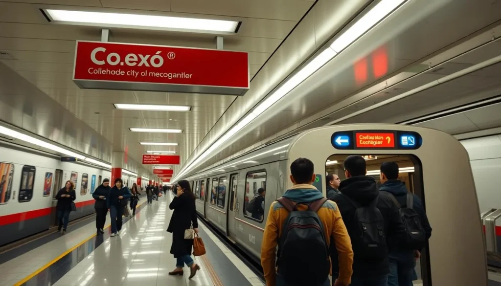Mexico City metro station with colorful signage and passengers boarding a train