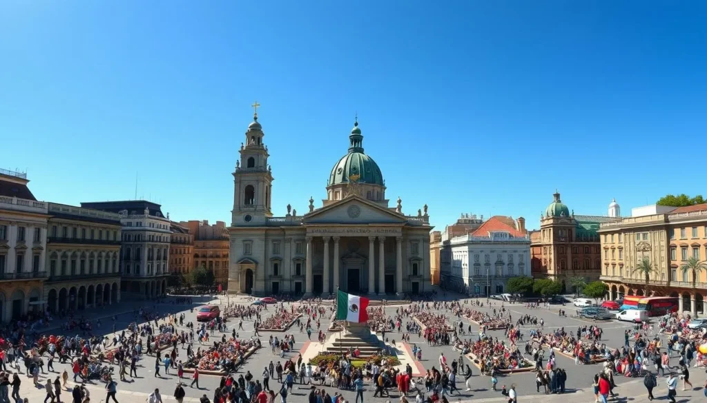 Mexico City's historic center with the Metropolitan Cathedral and Zócalo plaza filled with people on a sunny day
