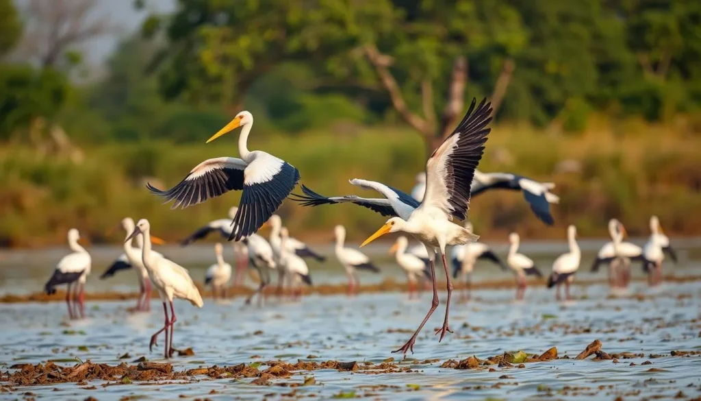 Migratory birds at Keoladeo National Park (Bharatpur Bird Sanctuary) with wetlands and trees Migratory birds at Keoladeo National Park (Bharatpur Bird Sanctuary) with wetlands and trees