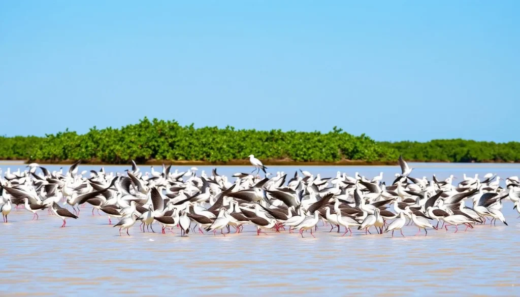 Migratory birds feeding at low tide in Olango Island Wildlife Sanctuary, Philippines