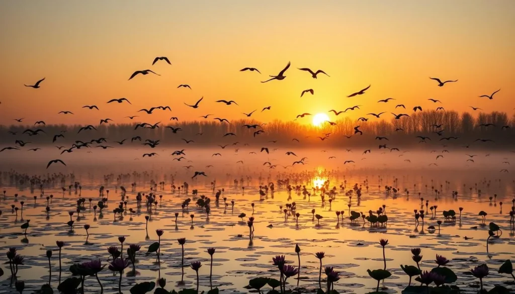 Migratory birds flying over Baikka Beel wetland during winter sunrise with misty water