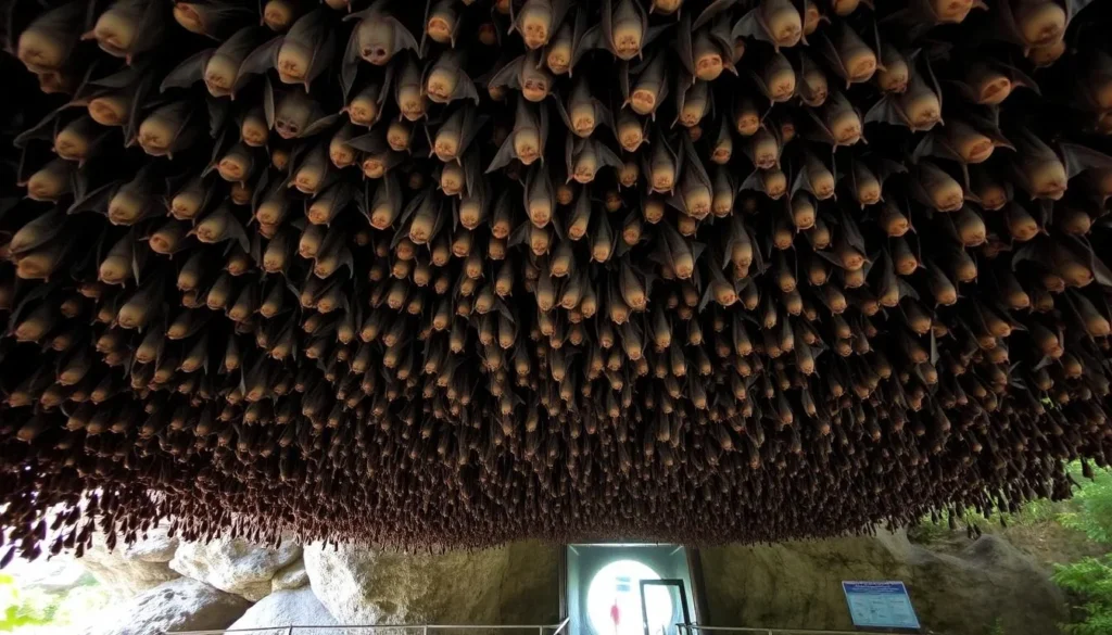 Millions of fruit bats hanging from the ceiling at Monfort Bat Sanctuary in Samal Island Philippines Millions of fruit bats hanging from the ceiling at Monfort Bat Sanctuary in Samal Island Philippines