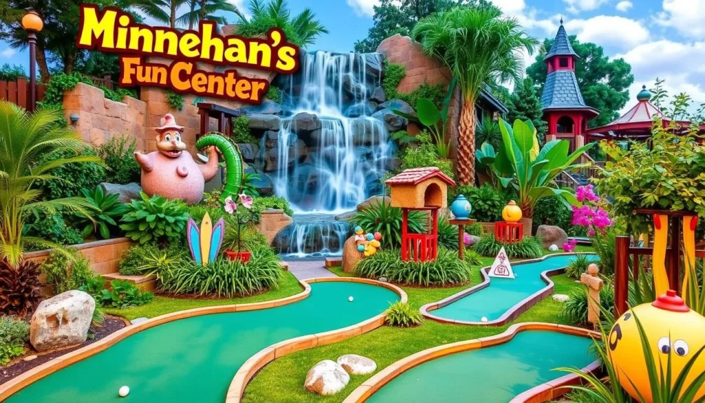 Minnehan's Fun Center with a mini-golf course and a waterfall