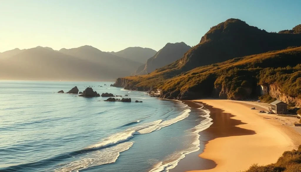 Mjelle Beach, a picturesque stretch of golden sand nestled along the rugged Norwegian coastline. Capture the serene atmosphere with gentle waves lapping at the shore, surrounded by towering cliffs draped in lush vegetation. Bask in the warm, natural lighting that casts a soft, golden glow over the scene, creating a tranquil and inviting ambiance. Depict a clear, azure sky that stretches out to the horizon, and include the majestic mountains in the distance, casting dramatic shadows across the landscape. Showcase the breathtaking natural beauty of this idyllic location, inviting the viewer to imagine themselves relaxing and taking in the stunning coastal vistas.