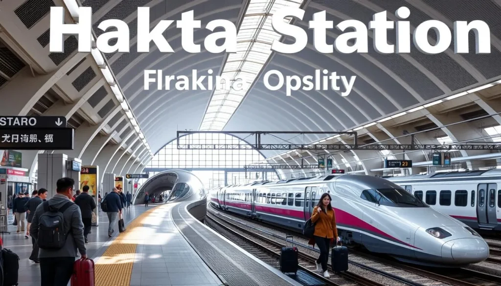 Modern Hakata Station in Fukuoka City with shinkansen bullet train and passengers