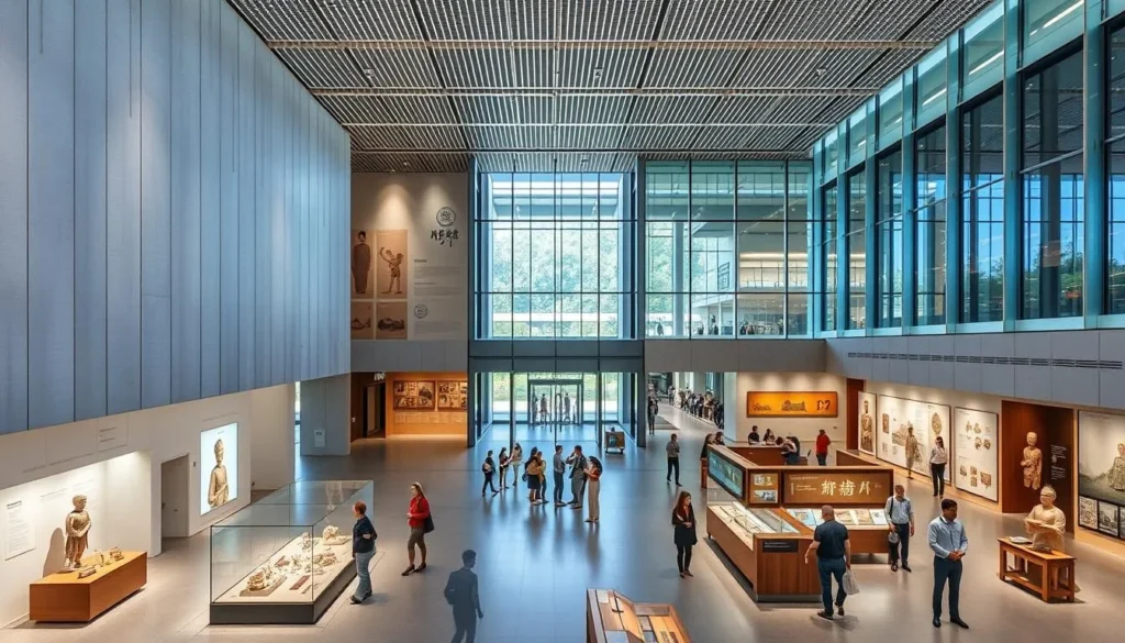 Modern architecture of Okinawa Prefectural Museum with traditional Ryukyu exhibits inside Modern architecture of Okinawa Prefectural Museum with traditional Ryukyu exhibits inside