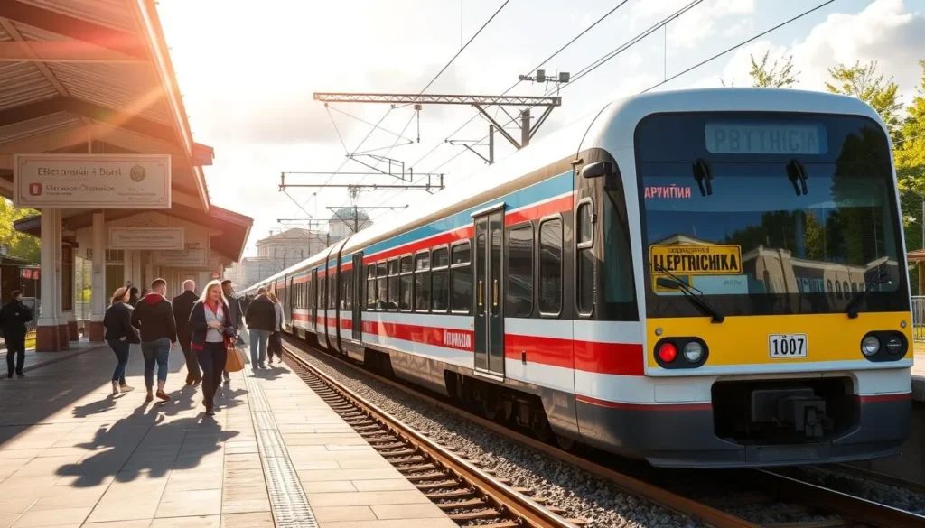 Modern elektrichka train at a station in Moscow Oblast with passengers boarding