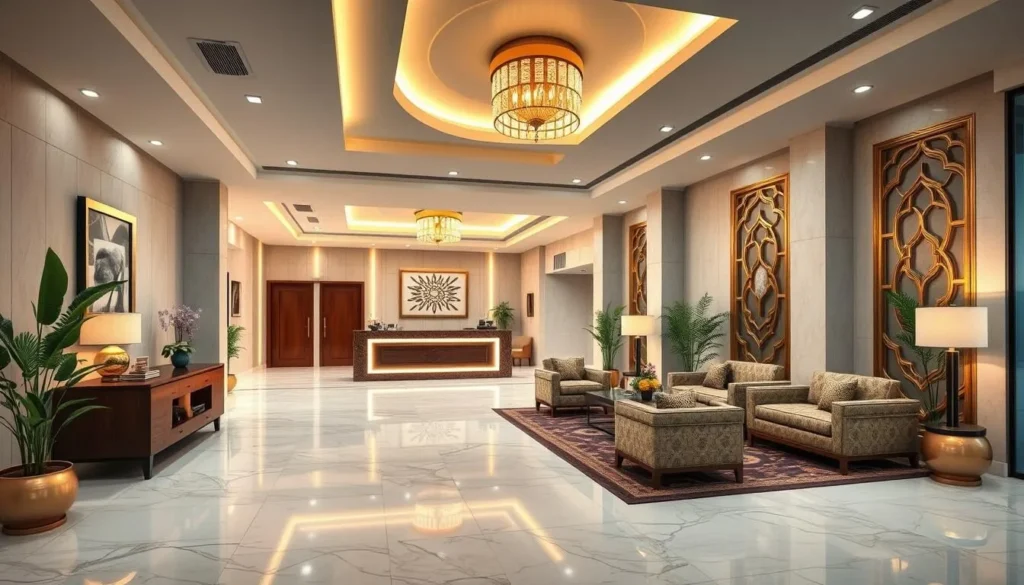Modern hotel lobby in Sargodha with traditional Pakistani design elements