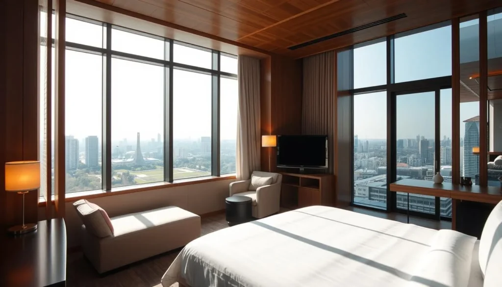 Modern hotel room in Hiroshima with city view featuring Peace Memorial Park Modern hotel room in Hiroshima with city view featuring Peace Memorial Park