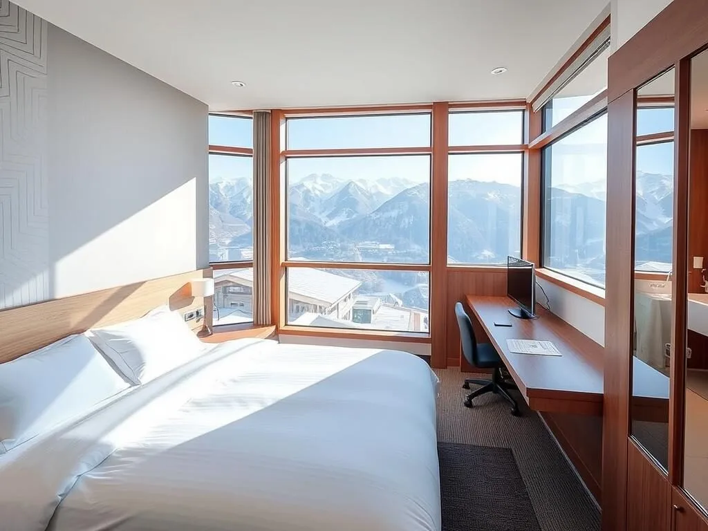 Modern hotel room in Takayama with views of the surrounding mountains, providing comfort for visitors exploring the best things to do in Takayama Japan
