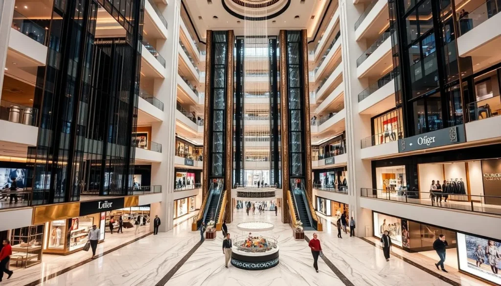 Modern luxury shopping mall in Bangkok with multiple levels and elegant architecture
