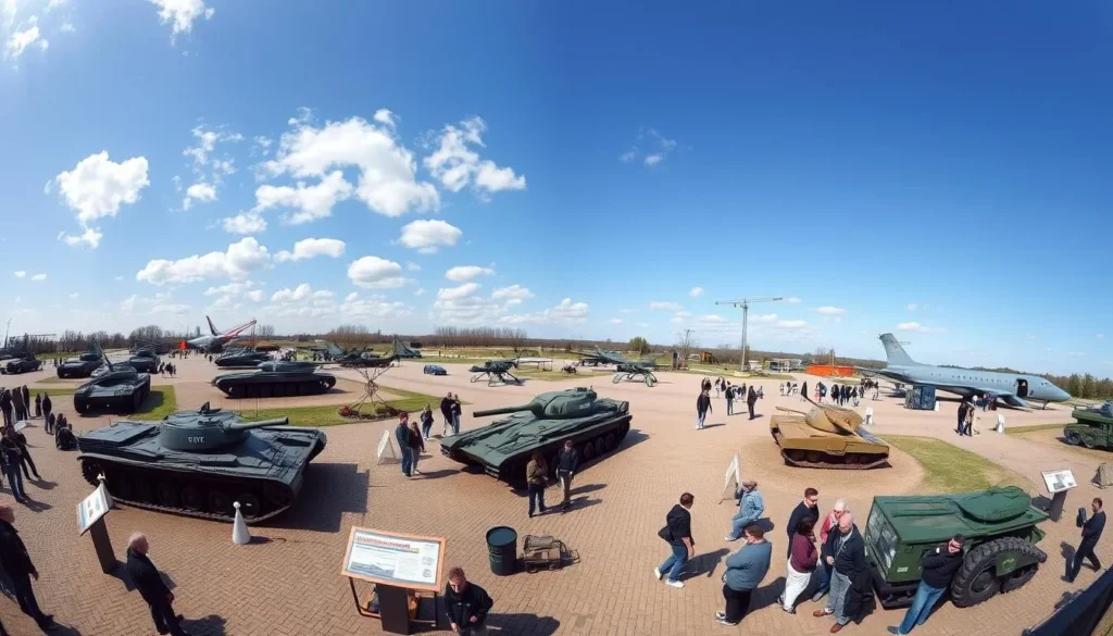 Modern military equipment displays at Patriot Park with visitors examining tanks and aircraft