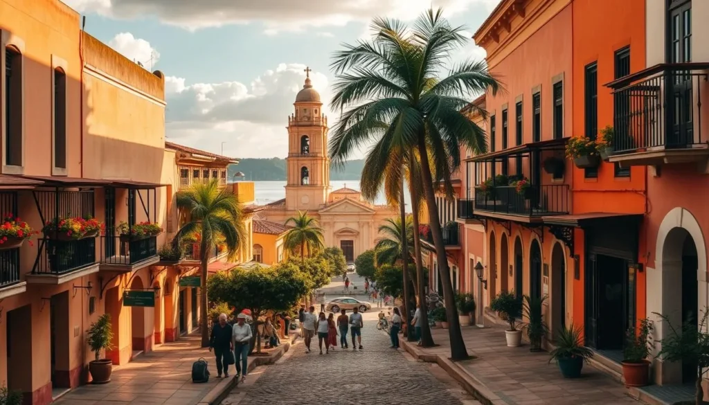 Mompox town, a charming colonial jewel nestled along the banks of the Magdalena River in Colombia. Capture the sun-dappled streets, lined with vibrant ochre-hued buildings, their balconies adorned with colorful flowers. In the foreground, narrow cobblestone alleys wind between stately plazas, where locals gather beneath the shade of towering palm trees. The middle ground reveals the iconic church towers, their bell-shaped domes glimmering in the warm afternoon light. In the distance, the river flows serenely, its tranquil waters reflecting the historic architecture. Convey a sense of timeless elegance and tranquility, inviting the viewer to discover this hidden gem of Colombia.