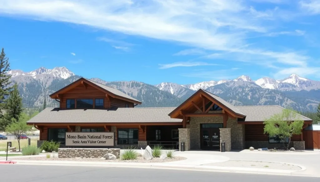 Mono Basin Visitor Center building with mountains in background Mono Basin Visitor Center building with mountains in background
