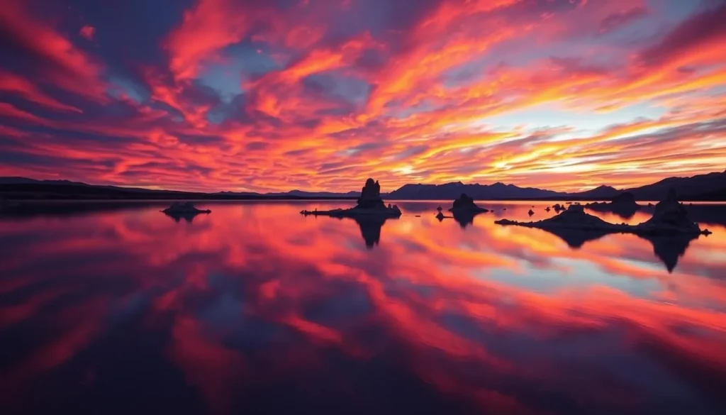 Mono Lake at sunset with colorful sky reflecting in the water Mono Lake at sunset with colorful sky reflecting in the water