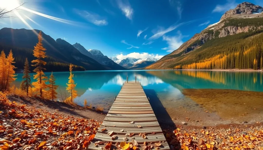 Moraine Lake during larch season, set against the majestic Rocky Mountains. The serene turquoise waters reflect the golden-hued larch trees lining the shoreline, creating a breathtaking contrast. Sunlight filters through wispy clouds, casting a warm glow over the scene. In the foreground, fallen leaves carpet the ground, crunching underfoot. The mid-ground features a wooden dock extending into the lake, inviting visitors to take in the panoramic view. In the distance, snow-capped peaks rise majestically, completing the idyllic alpine landscape. Capture the essence of this magical time of year with a wide-angle, high-resolution lens to fully immerse the viewer in the tranquil, autumnal atmosphere of Moraine Lake.
