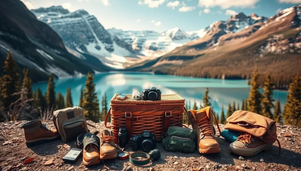 Moraine Lake, set against a backdrop of snow-capped peaks, with a serene turquoise-blue waters reflecting the dramatic landscape. In the foreground, arrange a picnic basket, hiking boots, a camera, and other essentials for a day of exploring the scenic trails. Diffused natural light casts a warm, golden glow, highlighting the vibrant colors and textures of the scene. The composition should strike a balance between the rugged wilderness and the carefully curated packing items, conveying a sense of adventure and preparedness for the outdoors.