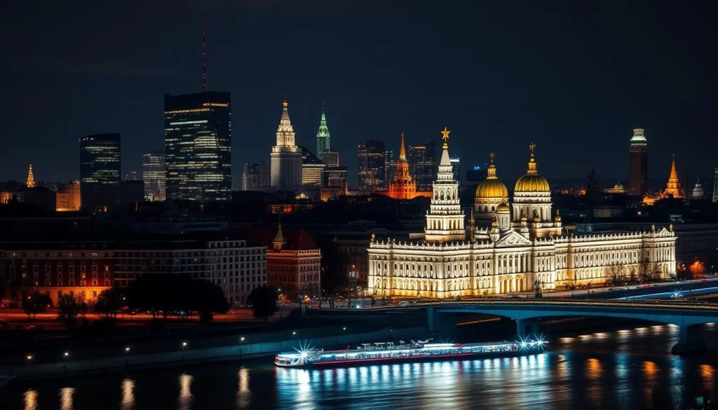 Moscow city skyline at night with illuminated buildings and streets Moscow city skyline at night with illuminated buildings and streets